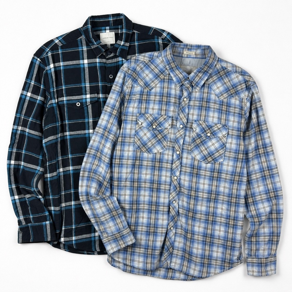 American Eagle Plaid Button Down Shirts Western Mens L Blue Black Navy Lot 2